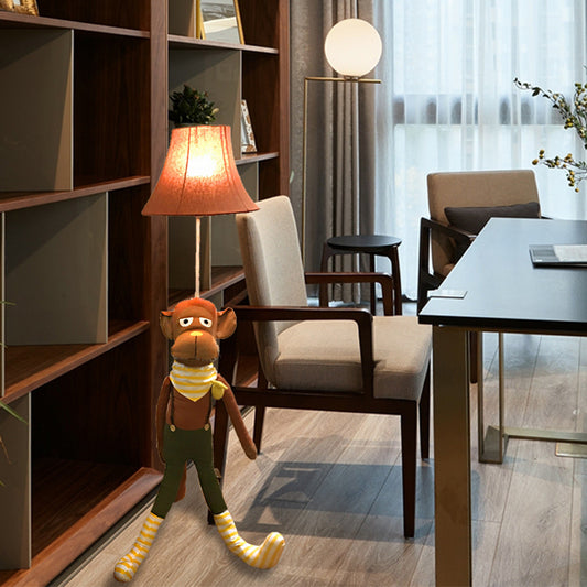 Brown Bell Shaped Stand Up Lamp Contemporary Stylish 1 Light Fabric Floor Lamp with Monkey Design Clearhalo 'Floor Lamps' 'Lamps' Lighting' 219948