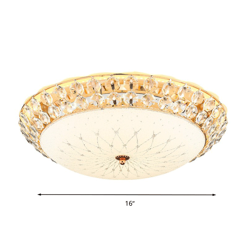 Dome Living Room Flush Light White Glass LED Simplicity Ceiling Lamp with Faceted Crystal Accent, 12"/16"/19.5" Wide Clearhalo 'Ceiling Lights' 'Close To Ceiling Lights' 'Close to ceiling' 'Flush mount' Lighting' 22