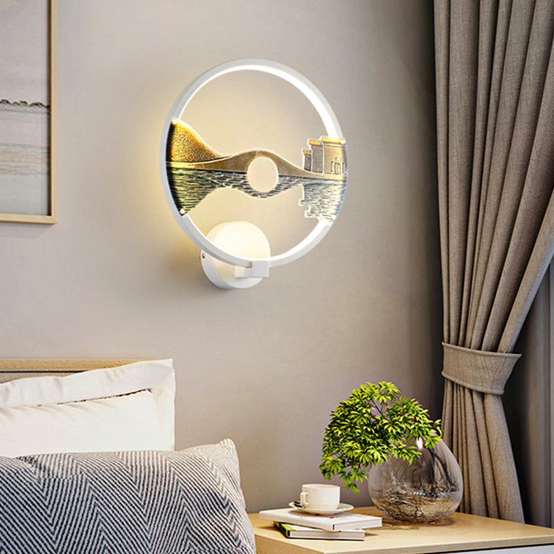 Black/White Circular Sconce Light Fixture LED Acrylic Wall Mount Lamp with Chinese Style Scenery Pattern, 12 Dia" Clearhalo 'Modern wall lights' 'Modern' 'Wall Lamps & Sconces' 'Wall Lights' Lighting' 220074