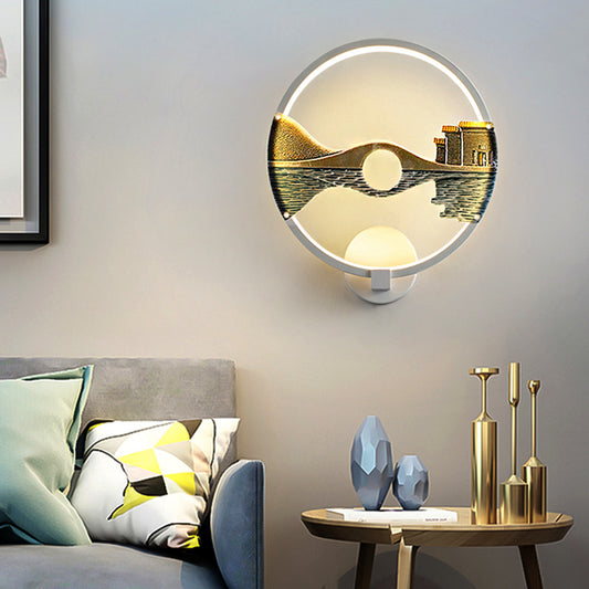 Black/White Circular Sconce Light Fixture LED Acrylic Wall Mount Lamp with Chinese Style Scenery Pattern, 12 Dia" White Clearhalo 'Modern wall lights' 'Modern' 'Wall Lamps & Sconces' 'Wall Lights' Lighting' 220075