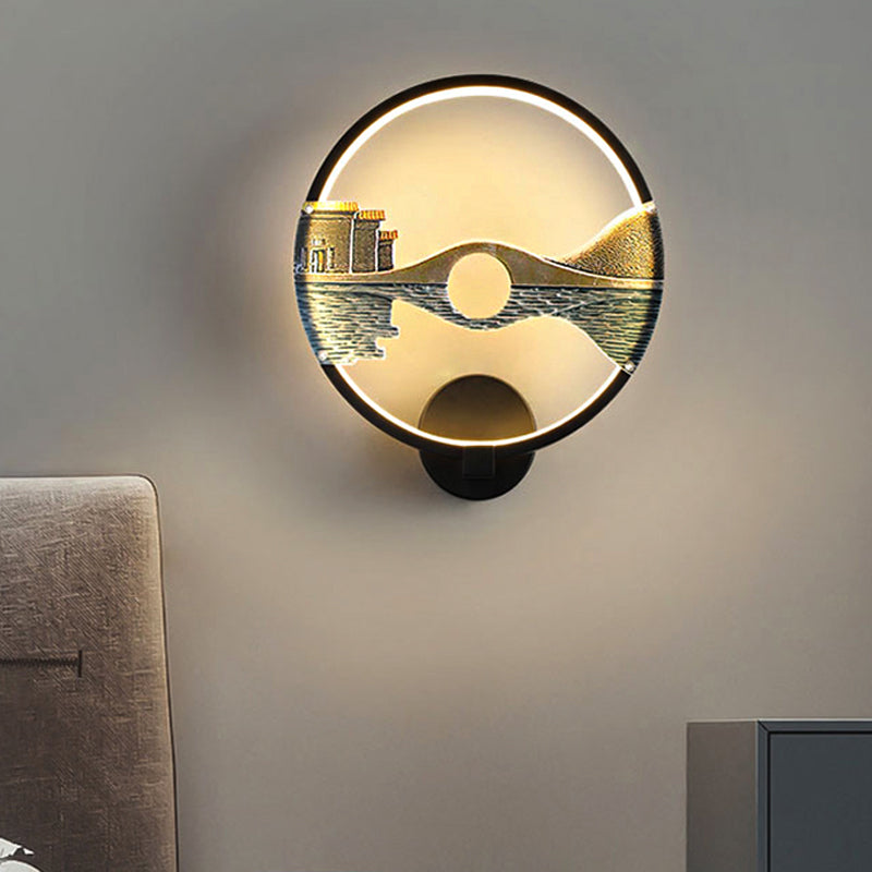 Black/White Circular Sconce Light Fixture LED Acrylic Wall Mount Lamp with Chinese Style Scenery Pattern, 12 Dia" - Black - Clearhalo - 'Modern wall lights' - 'Modern' - 'Wall Lamps & Sconces' - 'Wall Lights' - Lighting' - 220076