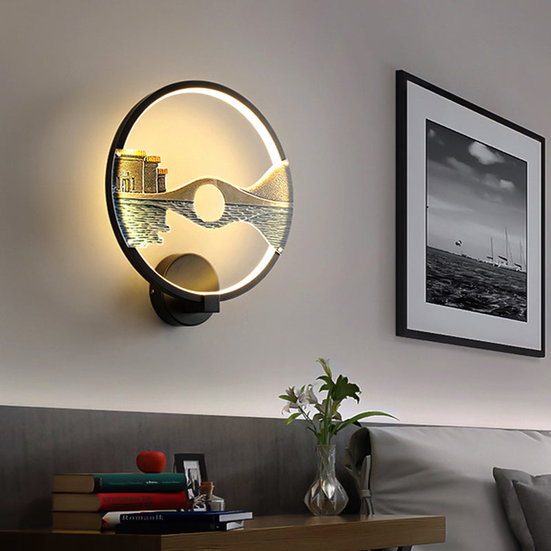 Black/White Circular Sconce Light Fixture LED Acrylic Wall Mount Lamp with Chinese Style Scenery Pattern, 12 Dia" Clearhalo 'Modern wall lights' 'Modern' 'Wall Lamps & Sconces' 'Wall Lights' Lighting' 220077