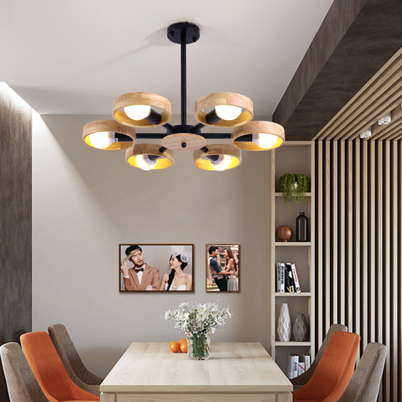 3/6/8 Heads Round Chandelier Light Contemporary Wood Hanging Ceiling Light in Black/White for Living Room 6 Black Clearhalo 'Ceiling Lights' 'Chandeliers' Lighting' options 220336_b00ad4e2-0980-4e01-a0e9-d82f4259f9c6