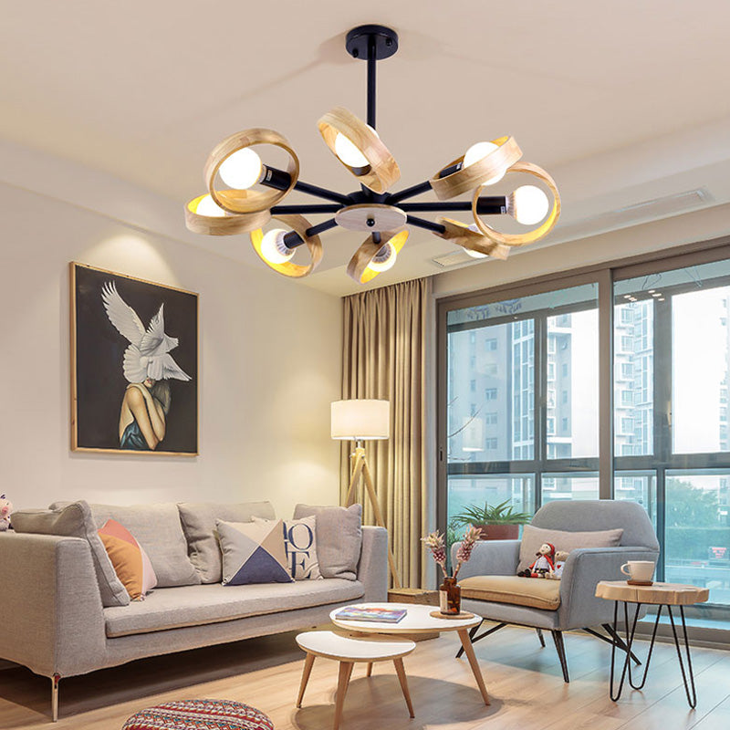 3/6/8 Heads Round Chandelier Light Contemporary Wood Hanging Ceiling Light in Black/White for Living Room 8 Black Clearhalo 'Ceiling Lights' 'Chandeliers' Lighting' options 220340_b52f8019-1c21-4e41-be7d-601d9cc6fb28