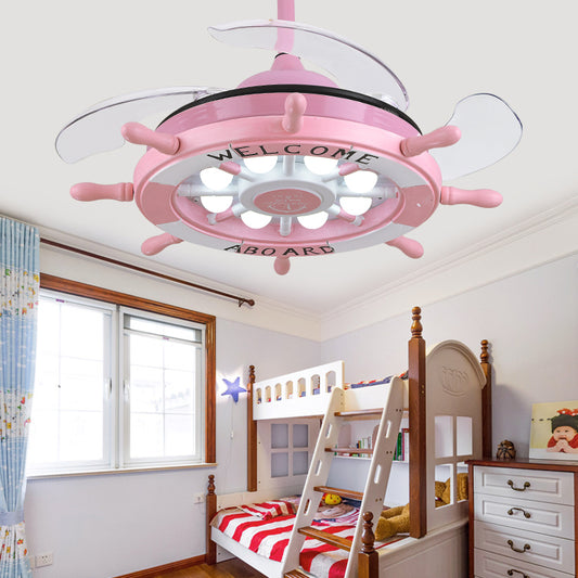 Blue/Pink Rudder Design Ceiling Fan Light Cartoon Stylish LED Wooden Ceiling Lamp for Child Bedroom Pink Clearhalo 'Ceiling Fans with Lights' 'Ceiling Fans' 'Kids Ceiling Fans' 'Kids' Lighting' 220366