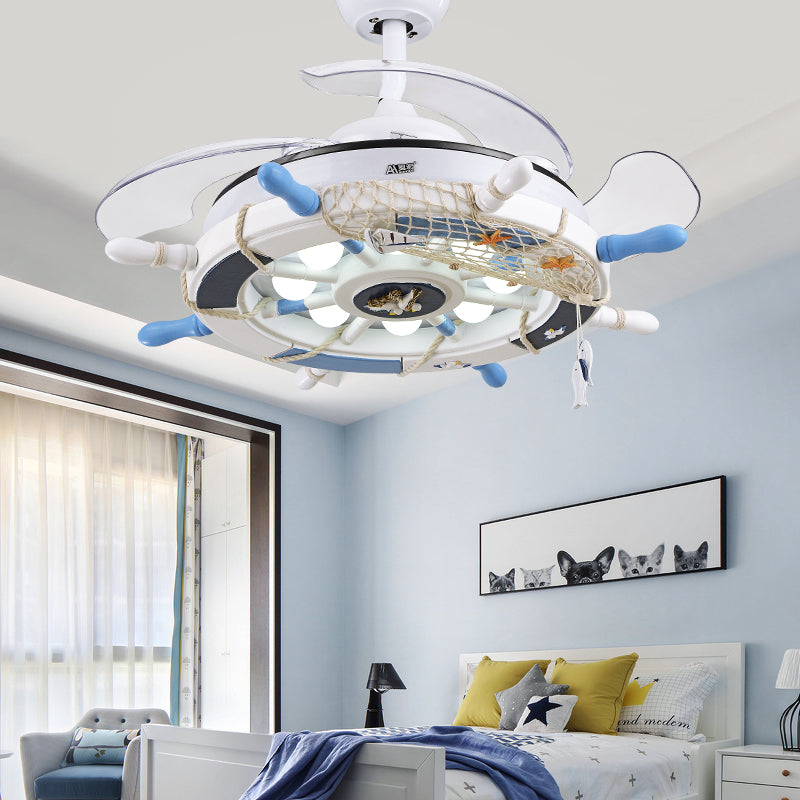 Blue/Pink Rudder Design Ceiling Fan Light Cartoon Stylish LED Wooden Ceiling Lamp for Child Bedroom Clearhalo 'Ceiling Fans with Lights' 'Ceiling Fans' 'Kids Ceiling Fans' 'Kids' Lighting' 220369