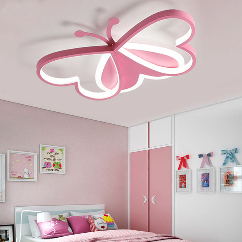 Modern Style Butterfly Flushmount Lamp Metal and Acrylic LED Children Room Ceiling Mounted Light in Blue/Pink Pink Clearhalo 'Ceiling Lights' 'Close To Ceiling Lights' 'Close to ceiling' 'Flush mount' Lighting' 220401