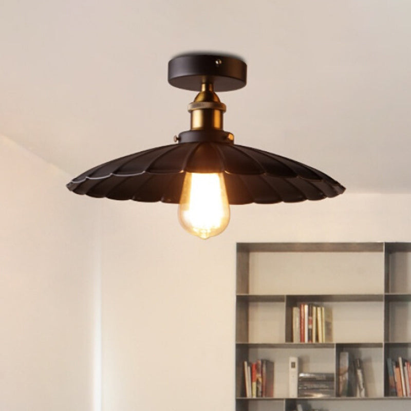 Umbrella Semi Flush Mount Simplicity Single Dining Room Flushmount Ceiling Light in Black Black 14" Scalloped Clearhalo 'Ceiling Lights' 'Close To Ceiling Lights' 'Close to ceiling' 'Flush mount' 'Industrial Flush Mount' Lighting' 2204593