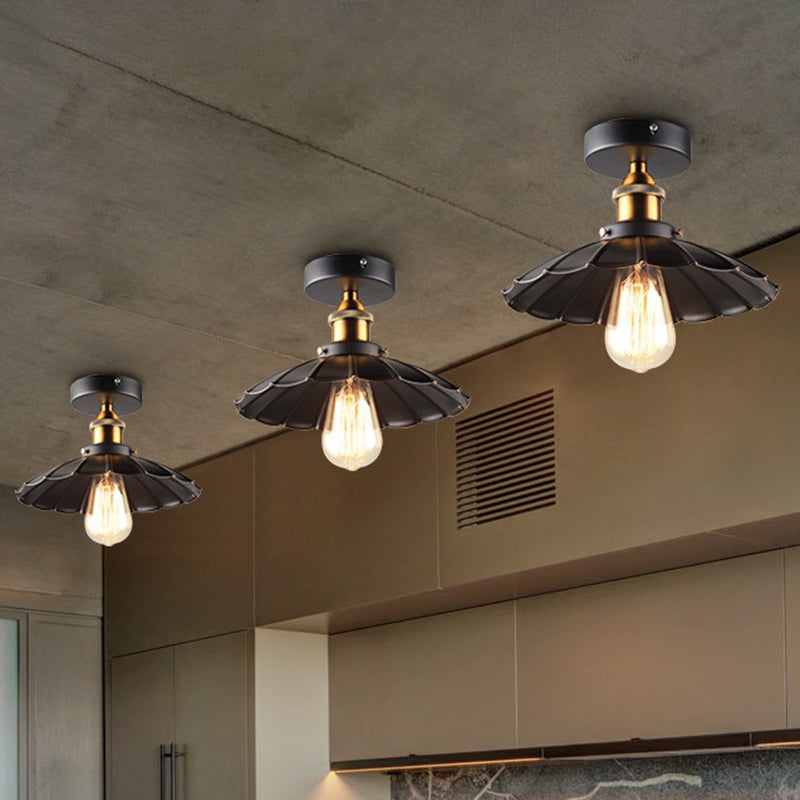 Umbrella Semi Flush Mount Simplicity Single Dining Room Flushmount Ceiling Light in Black Black 10" Scalloped Clearhalo 'Ceiling Lights' 'Close To Ceiling Lights' 'Close to ceiling' 'Flush mount' 'Industrial Flush Mount' Lighting' 2204596