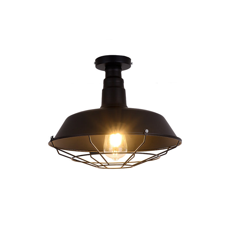 Metallic Shaded Flush Mount Lighting Retro Style Single-Bulb Corridor Semi Flush Ceiling Light in Black Black Small D Clearhalo 'Ceiling Lights' 'Close To Ceiling Lights' 'Close to ceiling' 'Flush mount' 'Industrial Flush Mount' Lighting' 2204599