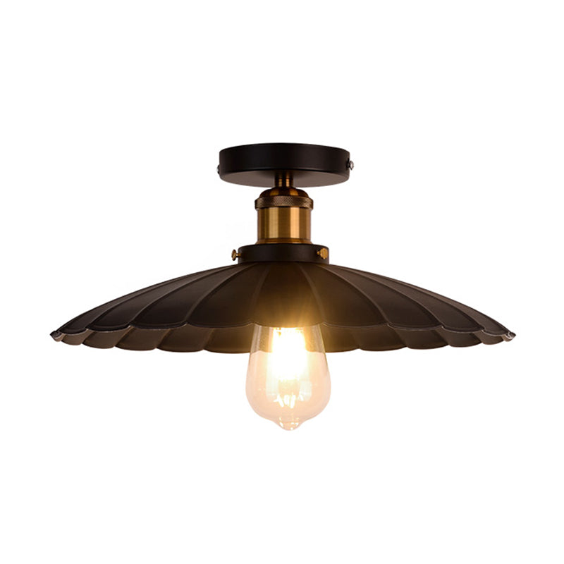 Metallic Shaded Flush Mount Lighting Retro Style Single-Bulb Corridor Semi Flush Ceiling Light in Black Black Large A Clearhalo 'Ceiling Lights' 'Close To Ceiling Lights' 'Close to ceiling' 'Flush mount' 'Industrial Flush Mount' Lighting' 2204607