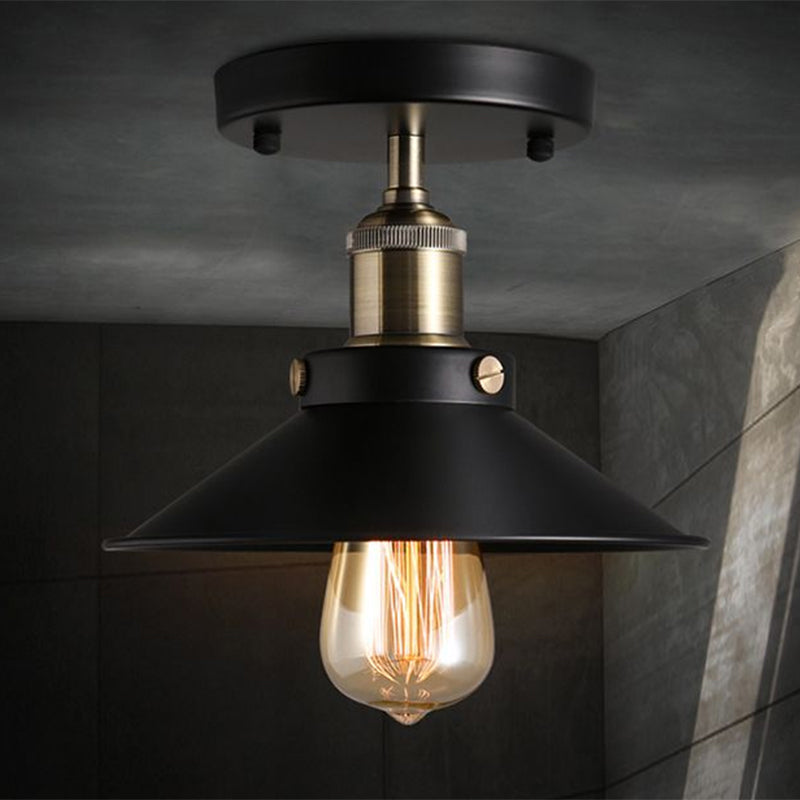 Black Flared Shade Semi Flush Light Industrial 1��Bulb Corridor Ceiling Flush Mount Black Clearhalo 'Ceiling Lights' 'Close To Ceiling Lights' 'Close to ceiling' 'Semi-flushmount' Lighting' 2204609