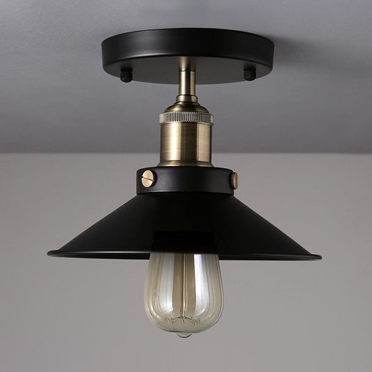 Black Flared Shade Semi Flush Light Industrial 1��Bulb Corridor Ceiling Flush Mount Clearhalo 'Ceiling Lights' 'Close To Ceiling Lights' 'Close to ceiling' 'Semi-flushmount' Lighting' 2204613