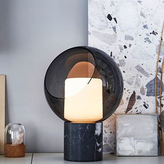 Marble Cylindrical Base Table Lamp Postmodern Black LED Nightstand Light with Globe Smoked Glass Shade Black Clearhalo 'Lamps' 'Table Lamps' Lighting' 2204637