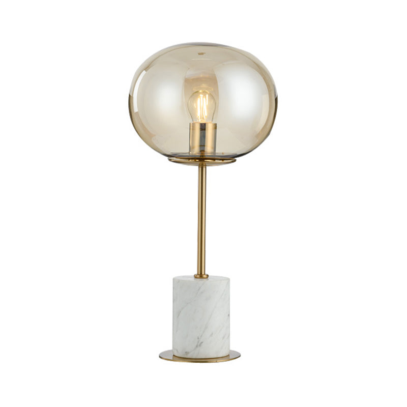 Oblate Bedside Nightstand Lamp Amber Glass 1 Bulb Minimalistic Table Light with Cylindrical Marble Base White Clearhalo 'Lamps' 'Table Lamps' Lighting' 2204647