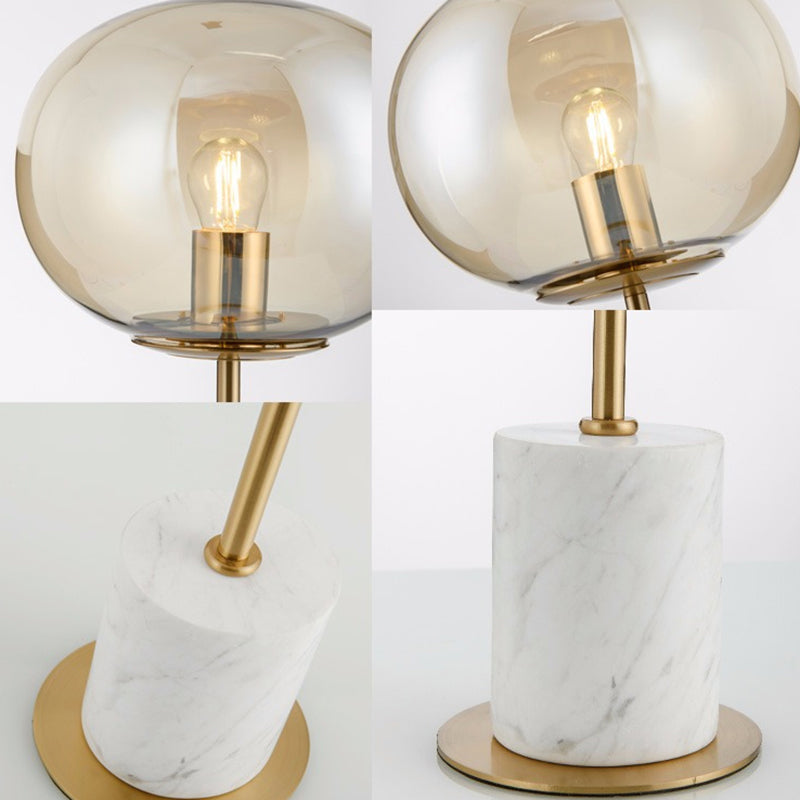 Oblate Bedside Nightstand Lamp Amber Glass 1 Bulb Minimalistic Table Light with Cylindrical Marble Base Clearhalo 'Lamps' 'Table Lamps' Lighting' 2204648