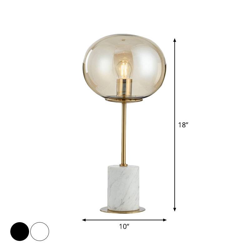 Oblate Bedside Nightstand Lamp Amber Glass 1 Bulb Minimalistic Table Light with Cylindrical Marble Base Clearhalo 'Lamps' 'Table Lamps' Lighting' 2204650
