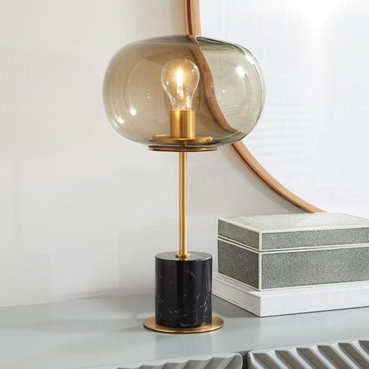 Oblate Bedside Nightstand Lamp Amber Glass 1 Bulb Minimalistic Table Light with Cylindrical Marble Base Black Clearhalo 'Lamps' 'Table Lamps' Lighting' 2204651