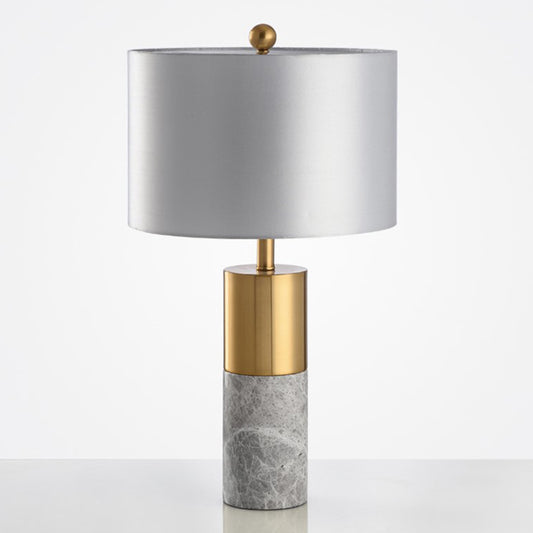 Round Bedside Nightstand Lamp Fabric 1-Light Minimalistic Table Light with Cylindrical Marble Base Grey Clearhalo 'Lamps' 'Table Lamps' Lighting' 2204687