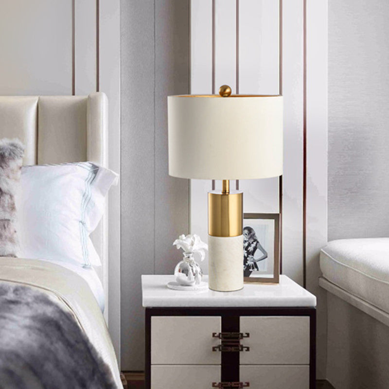 Round Bedside Nightstand Lamp Fabric 1-Light Minimalistic Table Light with Cylindrical Marble Base Clearhalo 'Lamps' 'Table Lamps' Lighting' 2204691
