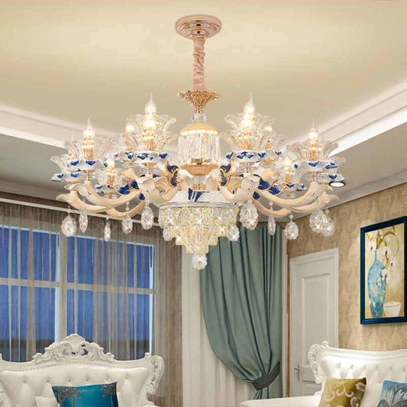 Flower Ribbed Glass Suspension Light Retro Style Living Room Chandelier Light with Crystal Draping in White Clearhalo 'Ceiling Lights' 'Chandeliers' Lighting' options 2204693