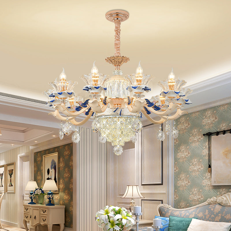 Flower Ribbed Glass Suspension Light Retro Style Living Room Chandelier Light with Crystal Draping in White 10 White Clearhalo 'Ceiling Lights' 'Chandeliers' Lighting' options 2204694_8c39f113-152a-4a7e-8274-9a321f2381a3