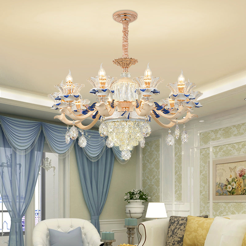 Flower Ribbed Glass Suspension Light Retro Style Living Room Chandelier Light with Crystal Draping in White 8 White Clearhalo 'Ceiling Lights' 'Chandeliers' Lighting' options 2204696_da1b0505-06c4-417a-82e5-494200b1ddbf