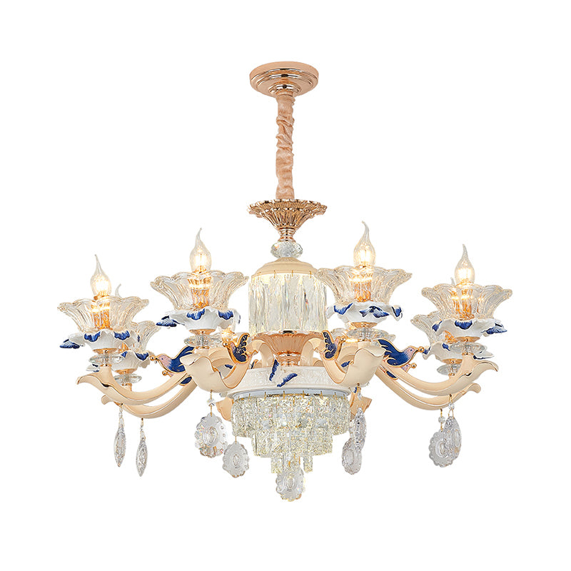 Flower Ribbed Glass Suspension Light Retro Style Living Room Chandelier Light with Crystal Draping in White Clearhalo 'Ceiling Lights' 'Chandeliers' Lighting' options 2204698
