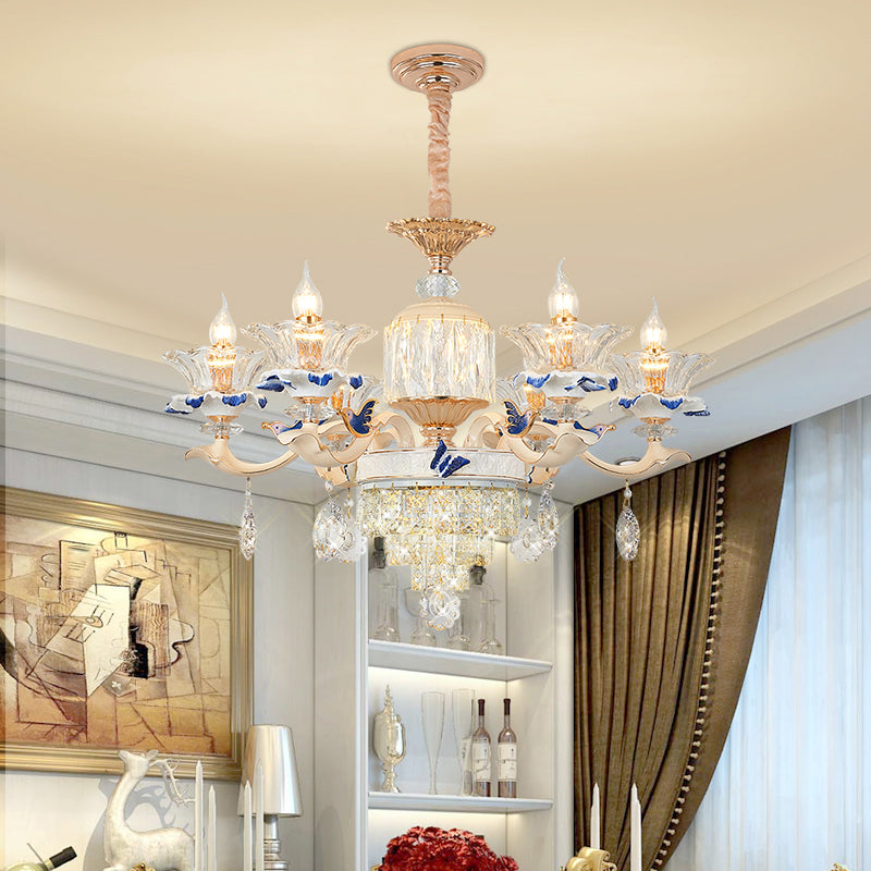 Flower Ribbed Glass Suspension Light Retro Style Living Room Chandelier Light with Crystal Draping in White 6 White Clearhalo 'Ceiling Lights' 'Chandeliers' Lighting' options 2204699_ae8d2124-95b8-4046-9304-13d3a89b2f73