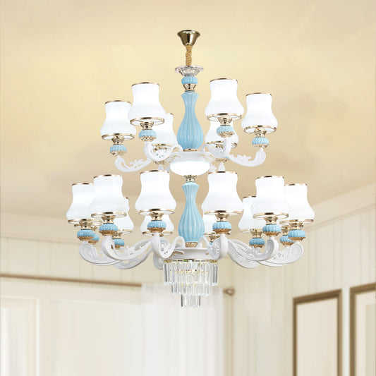 Bud Shade Bedroom Chandelier Lighting Classic Cream Glass Blue Pendant Light with Tiered Crystal Accent Clearhalo 'Ceiling Lights' 'Chandeliers' Lighting' options 2204703