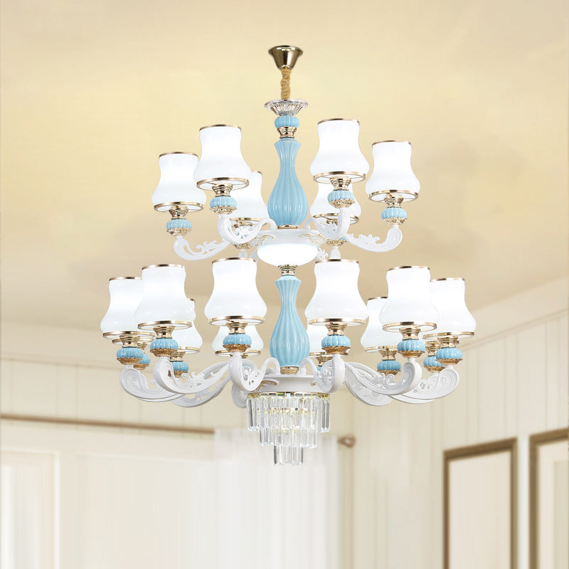 Bud Shade Bedroom Chandelier Lighting Classic Cream Glass Blue Pendant Light with Tiered Crystal Accent 18 Blue Clearhalo 'Ceiling Lights' 'Chandeliers' Lighting' options 2204703_bfb7c7f9-cd4f-4ee6-8532-08cb7dbe0e9c