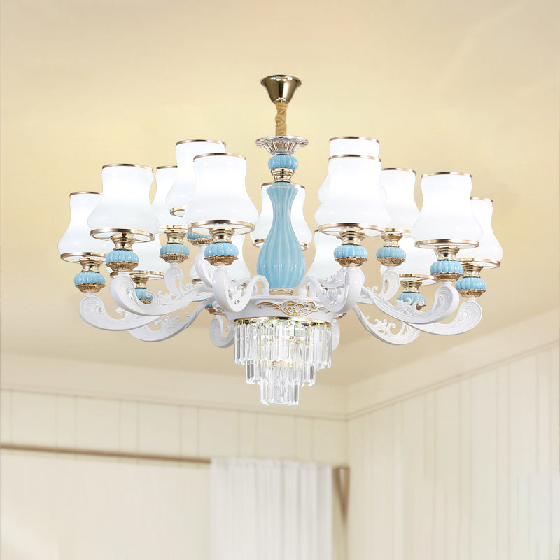Bud Shade Bedroom Chandelier Lighting Classic Cream Glass Blue Pendant Light with Tiered Crystal Accent 15 Blue Clearhalo 'Ceiling Lights' 'Chandeliers' Lighting' options 2204704_68cb2a8b-c4a2-4691-a96b-df78af4ebb00