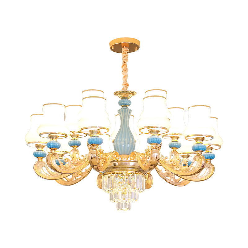 Bud Shade Bedroom Chandelier Lighting Classic Cream Glass Blue Pendant Light with Tiered Crystal Accent Clearhalo 'Ceiling Lights' 'Chandeliers' Lighting' options 2204705