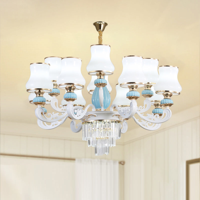 Bud Shade Bedroom Chandelier Lighting Classic Cream Glass Blue Pendant Light with Tiered Crystal Accent 12 Blue Clearhalo 'Ceiling Lights' 'Chandeliers' Lighting' options 2204706_c5fbae00-b585-4d15-9d25-40cdfbd70045