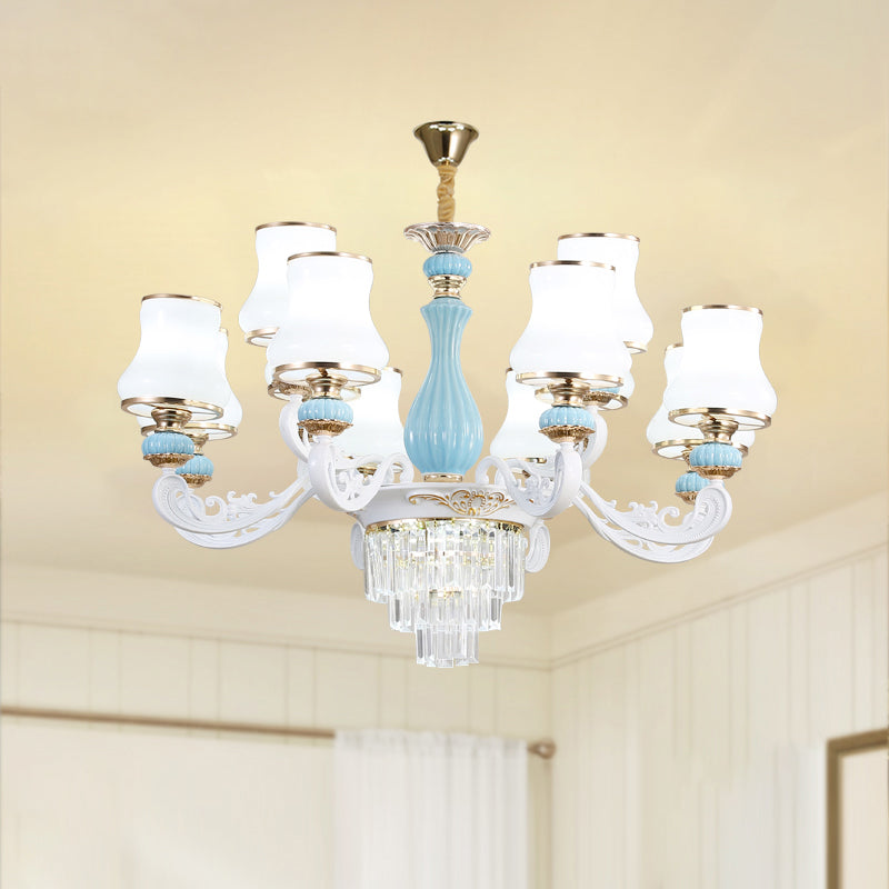 Bud Shade Bedroom Chandelier Lighting Classic Cream Glass Blue Pendant Light with Tiered Crystal Accent 10 Blue Clearhalo 'Ceiling Lights' 'Chandeliers' Lighting' options 2204707_336ab523-d9e3-4060-8ecc-fe7cc411ad6b