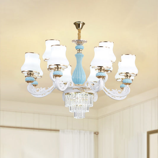 Bud Shade Bedroom Chandelier Lighting Classic Cream Glass Blue Pendant Light with Tiered Crystal Accent Clearhalo 'Ceiling Lights' 'Chandeliers' Lighting' options 2204707