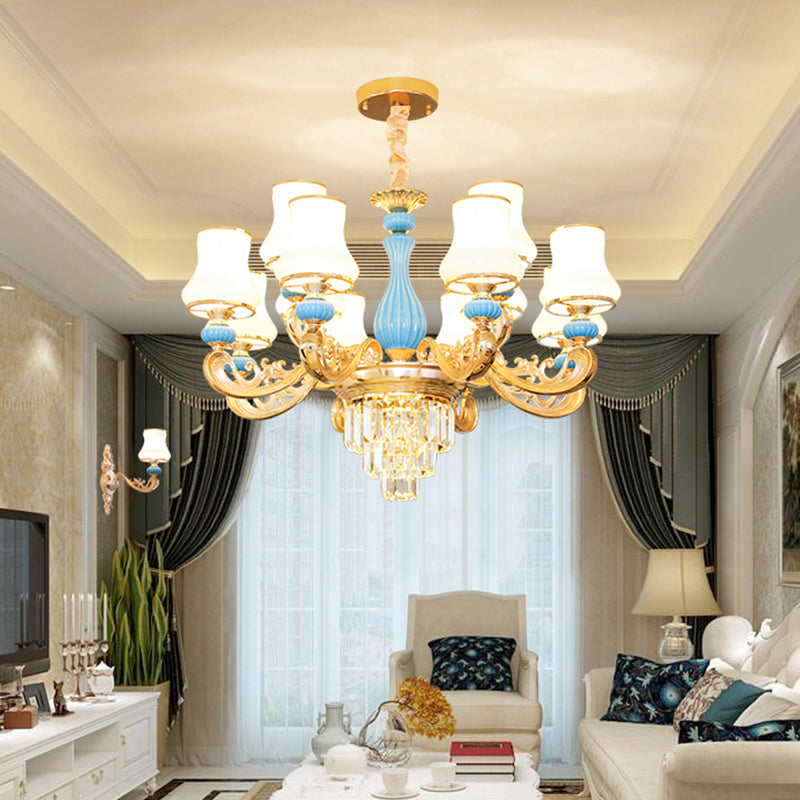 Bud Shade Bedroom Chandelier Lighting Classic Cream Glass Blue Pendant Light with Tiered Crystal Accent Clearhalo 'Ceiling Lights' 'Chandeliers' Lighting' options 2204708