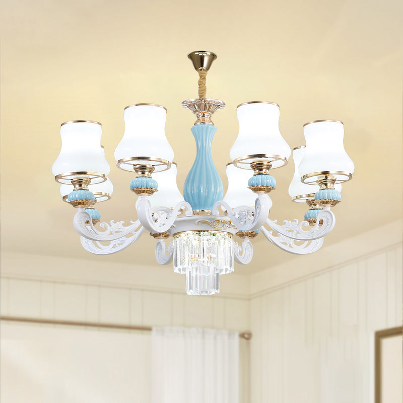 Bud Shade Bedroom Chandelier Lighting Classic Cream Glass Blue Pendant Light with Tiered Crystal Accent Clearhalo 'Ceiling Lights' 'Chandeliers' Lighting' options 2204709