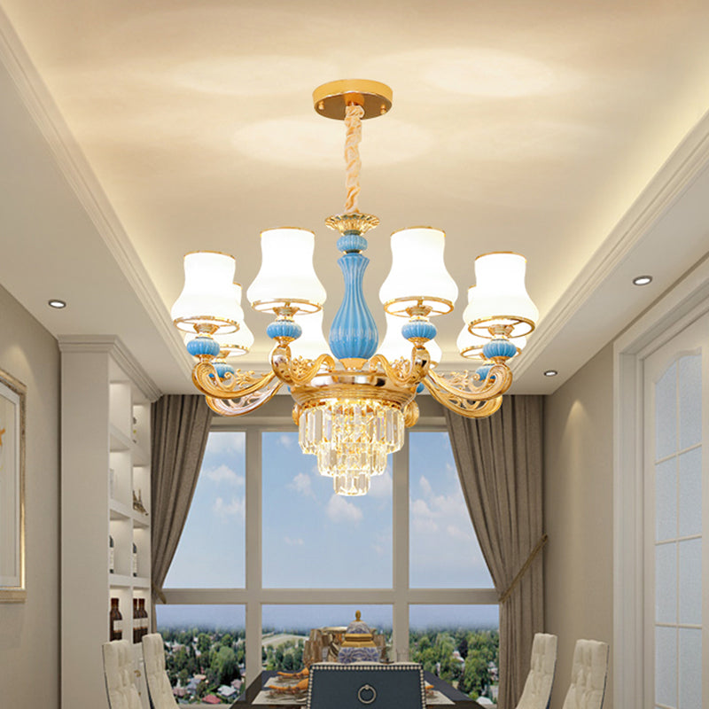 Bud Shade Bedroom Chandelier Lighting Classic Cream Glass Blue Pendant Light with Tiered Crystal Accent Clearhalo 'Ceiling Lights' 'Chandeliers' Lighting' options 2204710