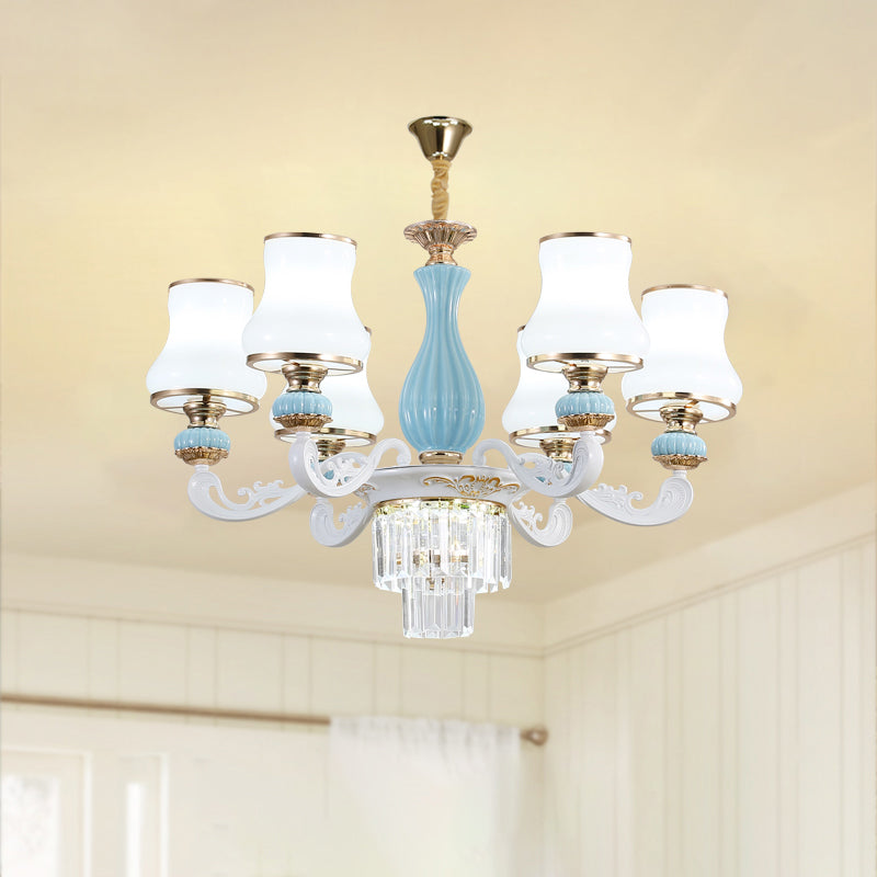 Bud Shade Bedroom Chandelier Lighting Classic Cream Glass Blue Pendant Light with Tiered Crystal Accent Clearhalo 'Ceiling Lights' 'Chandeliers' Lighting' options 2204711