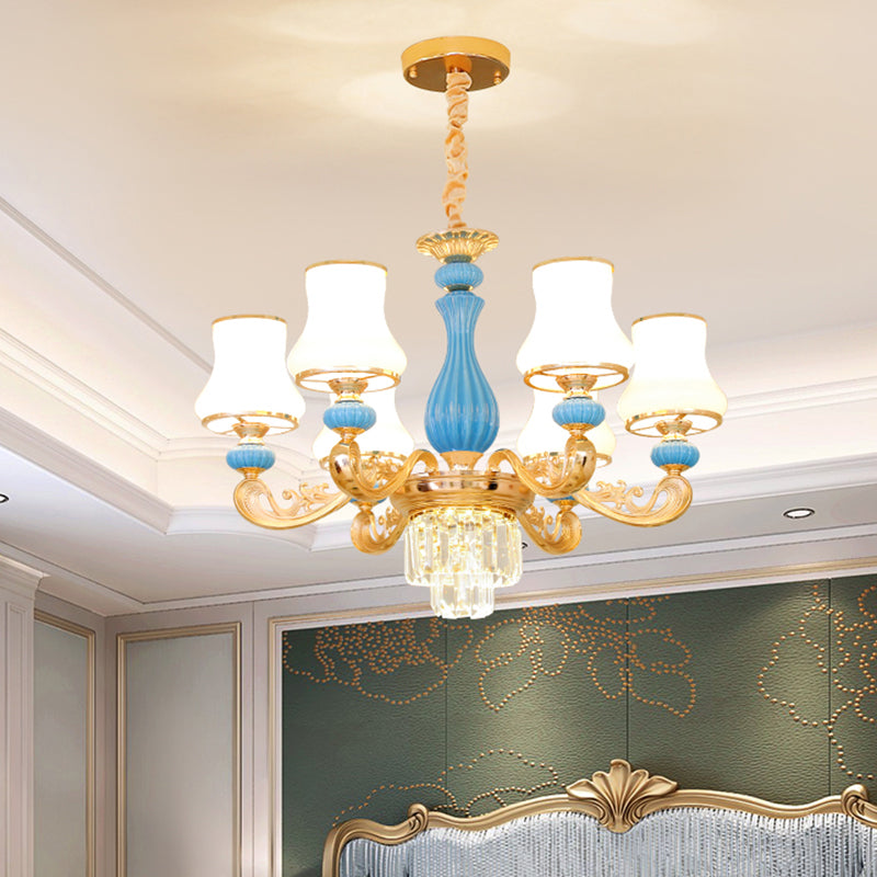 Bud Shade Bedroom Chandelier Lighting Classic Cream Glass Blue Pendant Light with Tiered Crystal Accent Clearhalo 'Ceiling Lights' 'Chandeliers' Lighting' options 2204712