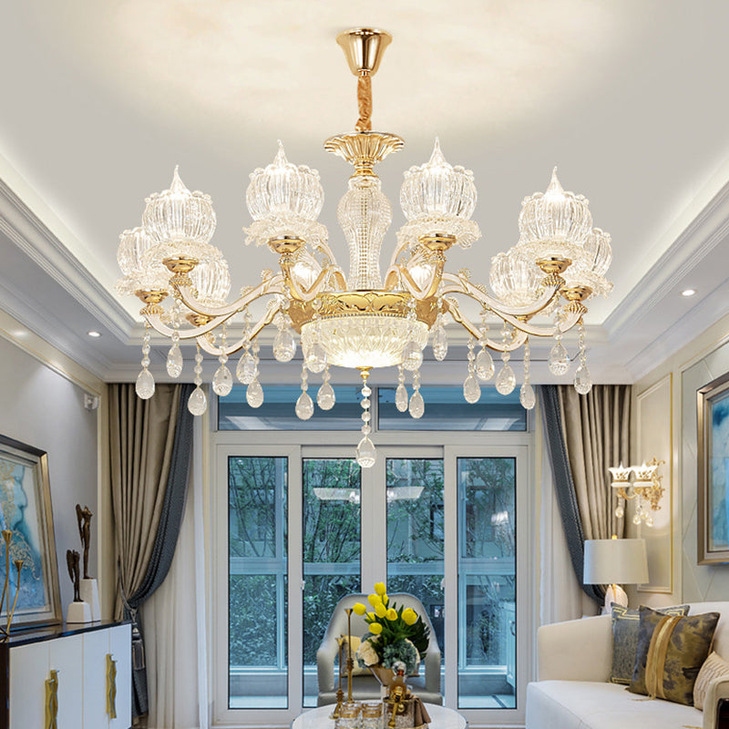 Ribbed Crystal Flower Ceiling Lighting Traditional Living Room Chandelier Light with Crystal Draping in Clear 10 Clear Clearhalo 'Ceiling Lights' 'Chandeliers' Lighting' options 2204713_602788cb-f63c-4c5a-a172-4ba3b3e1e5f1