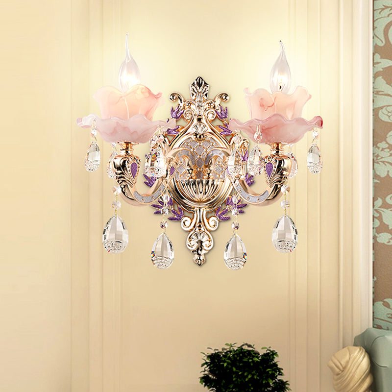 Pink Ruffle Floral Chandelier Light Retro Opaque Glass Living Room Pendant Light with Hanging Crystal 2 Pink Clearhalo 'Ceiling Lights' 'Chandeliers' Lighting' options 2204726_587da2b2-04c9-4140-a505-f62425faa5c7