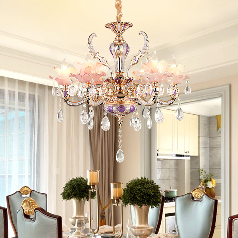 Pink Ruffle Floral Chandelier Light Retro Opaque Glass Living Room Pendant Light with Hanging Crystal 6 Pink Clearhalo 'Ceiling Lights' 'Chandeliers' Lighting' options 2204727_c9486cbf-7e3b-4f43-b051-e8afee32d49f