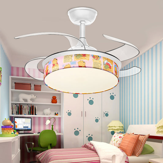 White Round Semi Flush Light Contemporary LED Fabric Ceiling Fan Light with Bear/Dog Pattern for Children Room White Bear Clearhalo 'Ceiling Fans with Lights' 'Ceiling Fans' 'Kids Ceiling Fans' 'Kids' Lighting' 220472