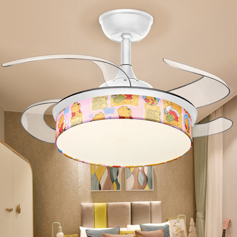 White Round Semi Flush Light Contemporary LED Fabric Ceiling Fan Light with Bear/Dog Pattern for Children Room Clearhalo 'Ceiling Fans with Lights' 'Ceiling Fans' 'Kids Ceiling Fans' 'Kids' Lighting' 220473