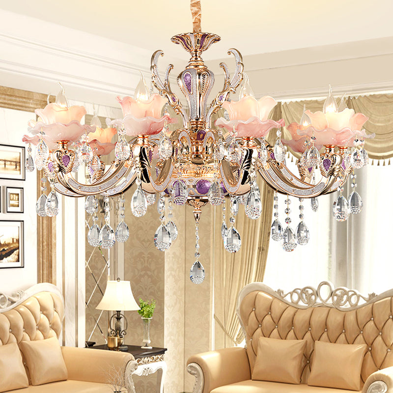 Pink Ruffle Floral Chandelier Light Retro Opaque Glass Living Room Pendant Light with Hanging Crystal 10 Pink Clearhalo 'Ceiling Lights' 'Chandeliers' Lighting' options 2204730_a8dc26f7-dec9-4882-b19a-3ae8435dae3e