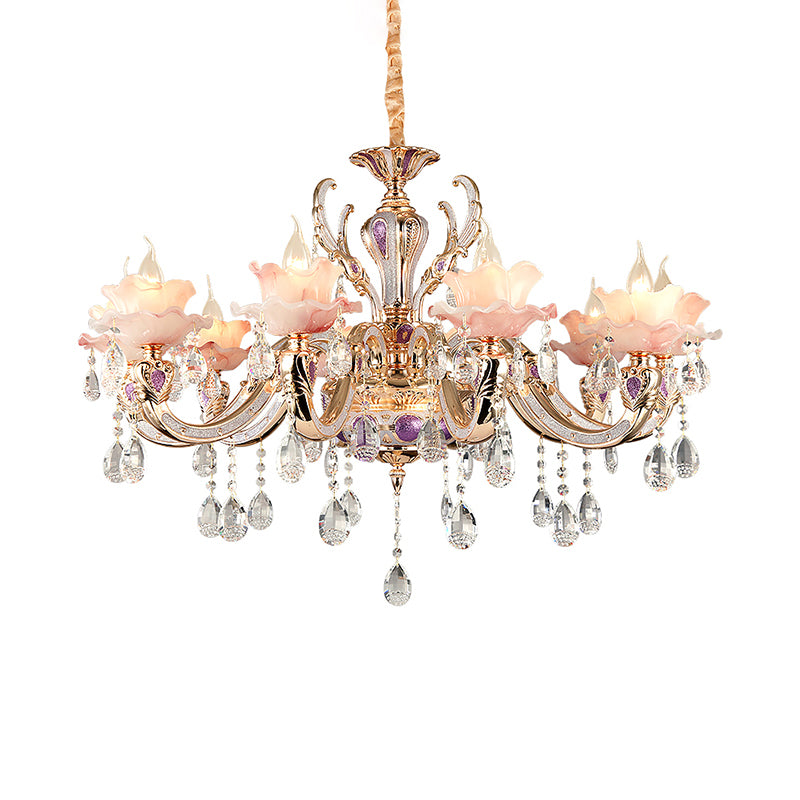 Pink Ruffle Floral Chandelier Light Retro Opaque Glass Living Room Pendant Light with Hanging Crystal Clearhalo 'Ceiling Lights' 'Chandeliers' Lighting' options 2204731