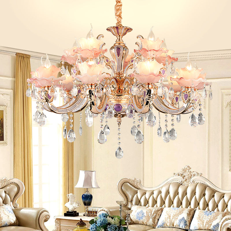 Pink Ruffle Floral Chandelier Light Retro Opaque Glass Living Room Pendant Light with Hanging Crystal Clearhalo 'Ceiling Lights' 'Chandeliers' Lighting' options 2204732