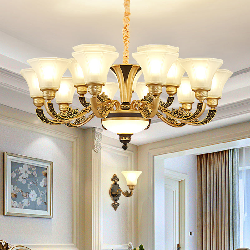 Retro Style Flared Suspension Light Cream Frosted Glass Chandelier Light for Living Room Clearhalo 'Ceiling Lights' 'Chandeliers' Lighting' options 2204733